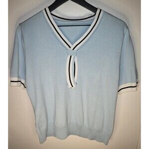 Short Sleeve Knit Sweater Women’s Lg Light Baby Blue Striped Neck Tie Detail